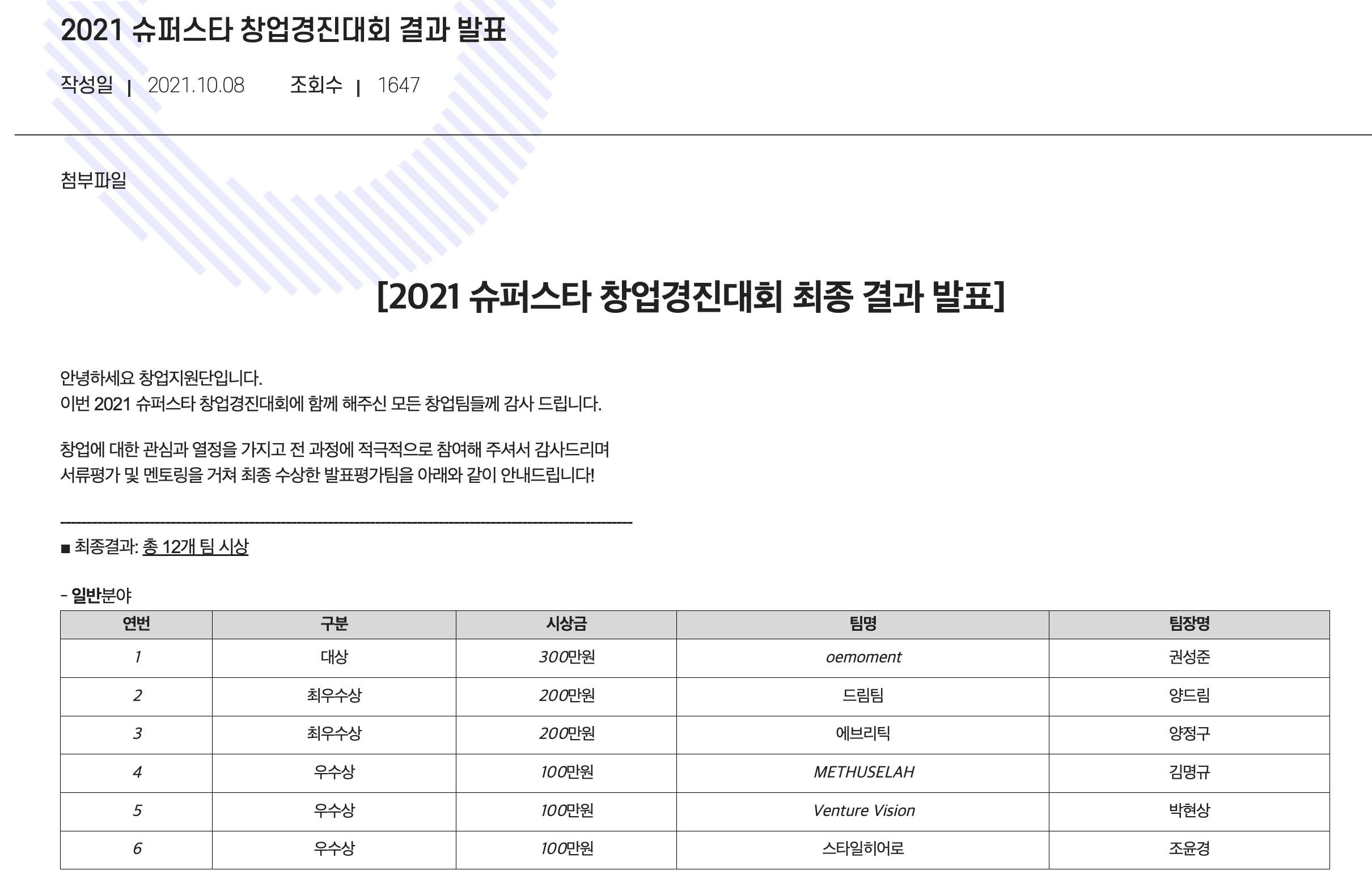 2021 숭실대학교 슈퍼스타 창업경진대회 certificate